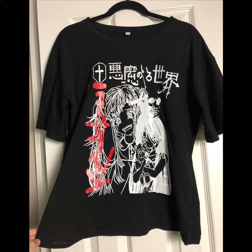 super light black tee, anime girl holding a teddy bear design